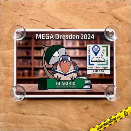 Saugnapfschild - "GCAB00K - Lesen - Leihen - Loggen - MEGA in Dresden 2024"